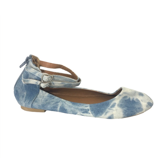 VINTAGE Acid Wash Ankle Strap Flats - Size 7 - Blue Jean Denim Stonewash Shoes - Picture 1 of 5